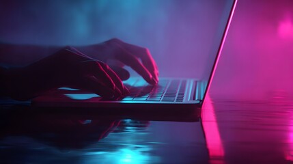 Close up of hands typing on a laptop keyboard with neon lighting.