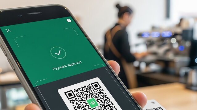 Two people hold up smartphones to scan QR codes while a barista prepares drinks at the counter - Powered by Adobe