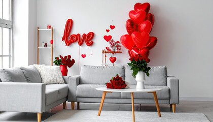 Romantic living room decorated with red roses and love balloons for Valentines Day celebration.