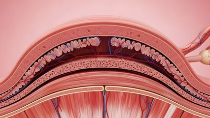 Highly detailed 3D render focusing on the inner layers of the human uterus, highlighting the endometrium and myometrium with visible blood vessels and tissue layers. Soft pink clinical background, rea