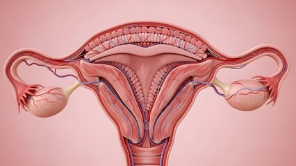 Obraz premium Highly detailed 3D render focusing on the inner layers of the human uterus, highlighting the endometrium and myometrium with visible blood vessels and tissue layers. Soft pink clinical background, rea