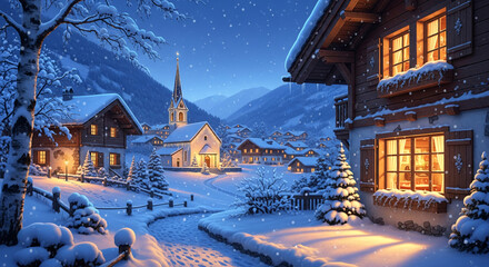 Fototapeta premium Snowy alpine village with lighted church and wooden building, creating a serene winter atmosphere, representative of peace, holiday season, and idyllic scene