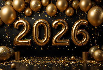 Happy New Year celebration 2026 helium balloons with a party background. New Year and Christmas 2026 golden foil party balloons. shiny confetti and glowing festive background. Concept of New Year cele