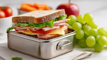 Healthy Lunch Box with Sandwich, Fresh Fruits and Vegetables on White Background