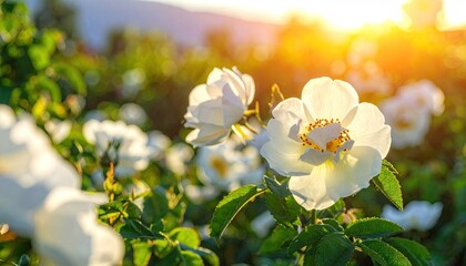 Close-up of delicate white rose flowers blooming in warm golden sunset light.