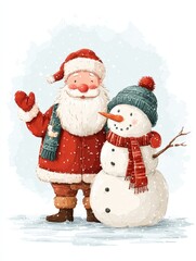 Santa Claus and snowman waving in a snowy scene