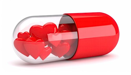 Red capsule filled with tiny red hearts symbolizing love and health.