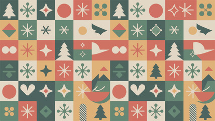 Festive geometric pattern with holiday icons and warm color palette, perfect for Christmas and winter designs