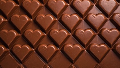 Close-up view of a rich dark chocolate bar with heart-shaped segments.