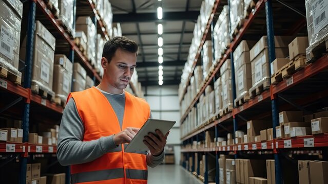 Warehouse worker in safety vest looking at information on a tablet within an industrial setting. - Powered by Adobe