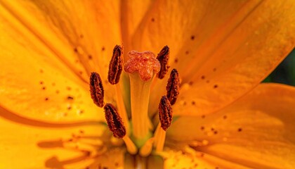 Macro view of the vibrant orange lily flowers reproductive parts.