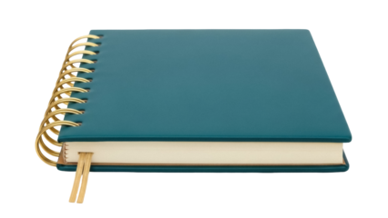 Teal spiral notebook PNG isolated on transparent background, blank journal with gold wire binding for office or school use