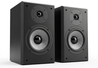 Obraz premium Pair of black passive bookshelf audio speakers shown against a white background