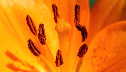 Macro close-up of vibrant orange lily flower stamen and pistil covered in pollen.