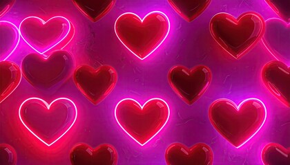 Vibrant seamless pattern of glowing red hearts with neon pink outlines.