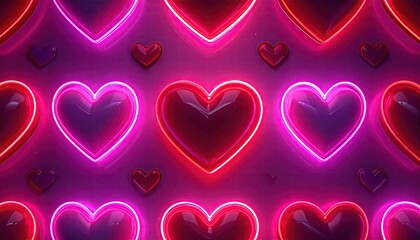Vibrant Neon Heart Pattern Background with Glowing Pink and Red Lights.
