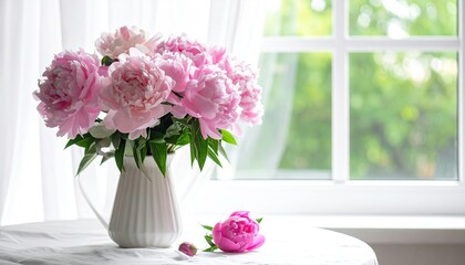 Beautiful bouquet of soft pink peonies in a white vase by the window.