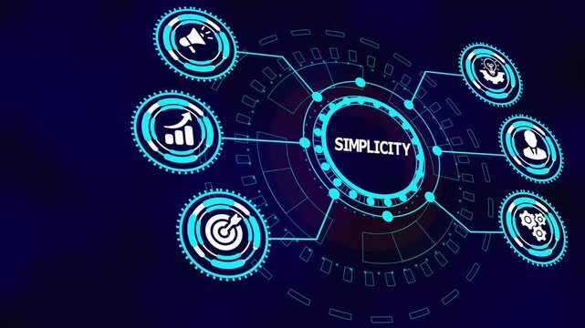 Business simplicity concept with digital icons illustrating streamlined processes, clear analytics insight, efficiency focus, and reduced complexity systems.