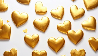 Shiny Golden Hearts Scattered on a Clean White Background for Love and Luxury Themes.