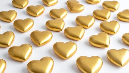 A scattering of shiny golden heart shapes on a clean white background.