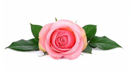 Elegant Pink Rose Blossom With Green Leaves Isolated On White Background.