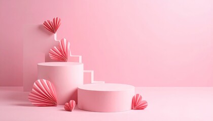 Minimalist pink stage with geometric podiums and decorative paper hearts.