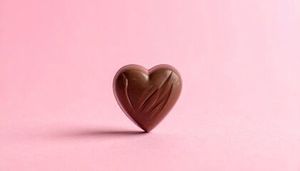 A single heart shaped chocolate candy on a plain pink background.