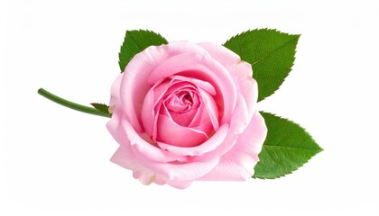 A single delicate pink rose flower with green leaves isolated on a clean white background.