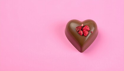 A single heart shaped chocolate candy with red filling on a pink background.