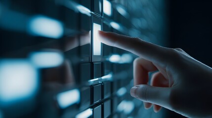 Close-up of a Finger Touching a Glowing Digital Interface Screen.