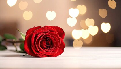 Elegant red rose symbolizing love with romantic heart bokeh lights.