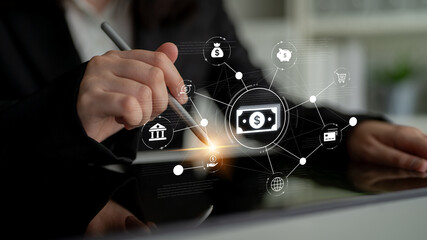 A fintech concept showing a network of digital banking services. This includes secure online payments, global transactions, and e-commerce for the modern financial system. Fermion