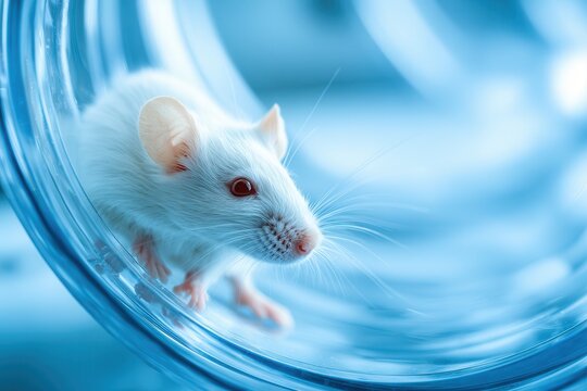 A bright white laboratory mouse is captured mid-stride running within a dynamic blue structure, showcasing its natural curiosity and energy, perfect for representing scientific research and animal beh