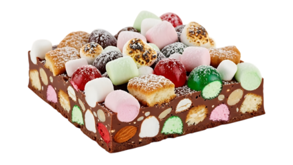 Chocolate rocky road bar with marshmallows and fruit jellies