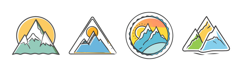 Minimalist mountain and sun icons set with a hand-drawn feel, perfect for nature themes © SulaimanIslam