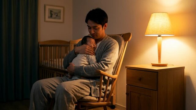 Japanese father holding sleeping newborn in rocking chair at night