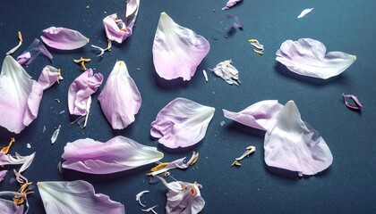 Delicate scattered pink and white flower petals on a dark textured background.