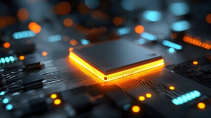 Close-up of a glowing computer processor on a circuit board with futuristic lighting.