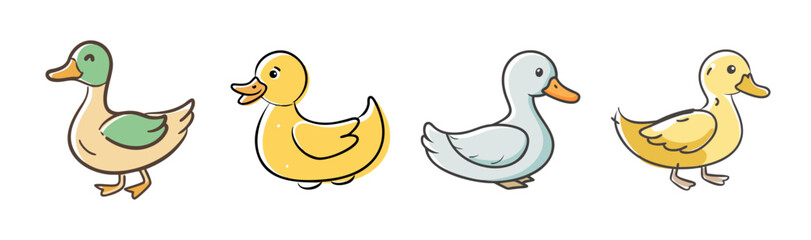 A delightful row of various cartoon ducks featuring different colors and styles