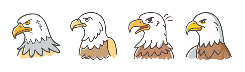 Cartoon bald eagle heads showcasing various expressions and different feather colors