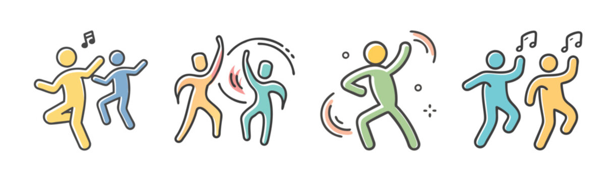 Joyful stick figures dancing with enthusiasm and musical notes in a vibrant illustration