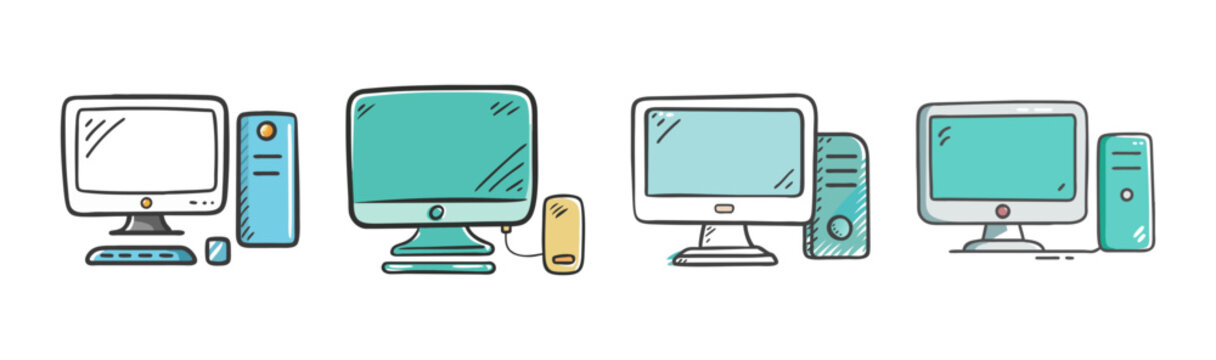 A collection of hand-drawn desktop computer illustrations with various styles and components