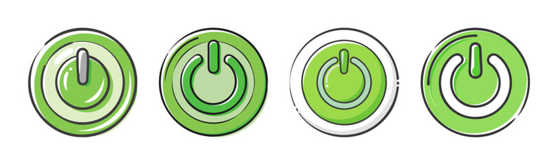 Collection of hand-drawn green power buttons with different designs, ready for user interface