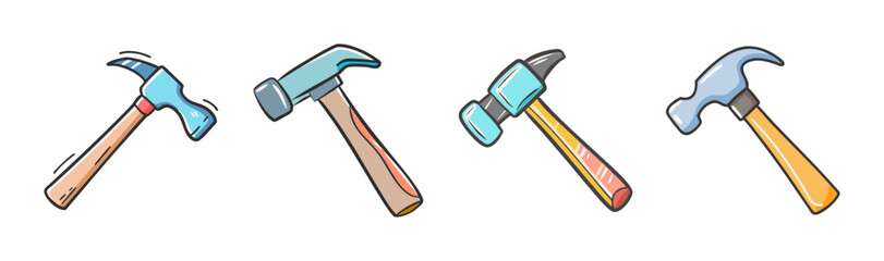 A collection of cartoon hammers with wooden handles, showcasing various styles of this essential tool