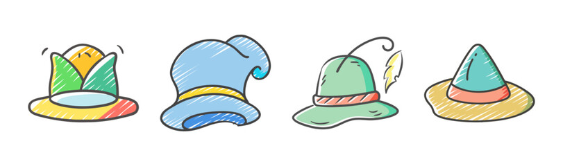 A delightful collection of whimsical and colorful doodle-style hats, each with unique character