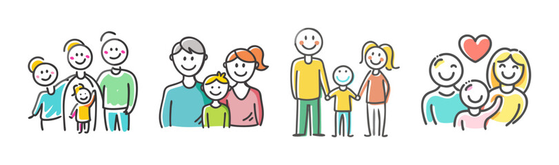 Happy and loving family doodle icon set with smiling parents and child figures