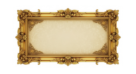 Elegant vintage golden frame featuring elaborate decorative elements and a blank canvas, isolated on transparent background