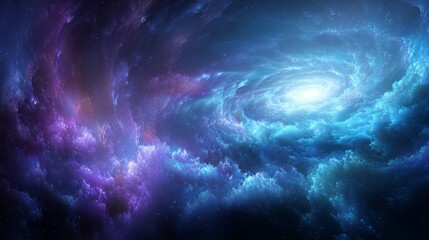 Fototapeta premium Abstract fractal galaxy with swirling blue cyan and purple nebula light in deep space, expressing cosmic stardust energy, astronomy background, science fiction universe futuristic digital art concept