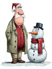 Cartoon man with Santa hat standing next to a snowman