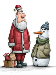 Sad Santa and a tired snowman after Christmas celebration